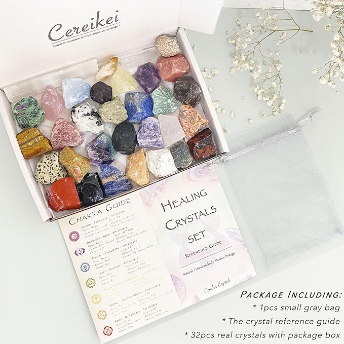 32 Natural Crystals and Healing Stones with Guide, Real Raw Crystals Set for Crystal Healing, Chakra, Meditation, Home Decor, Bulk Rough Stone Collection