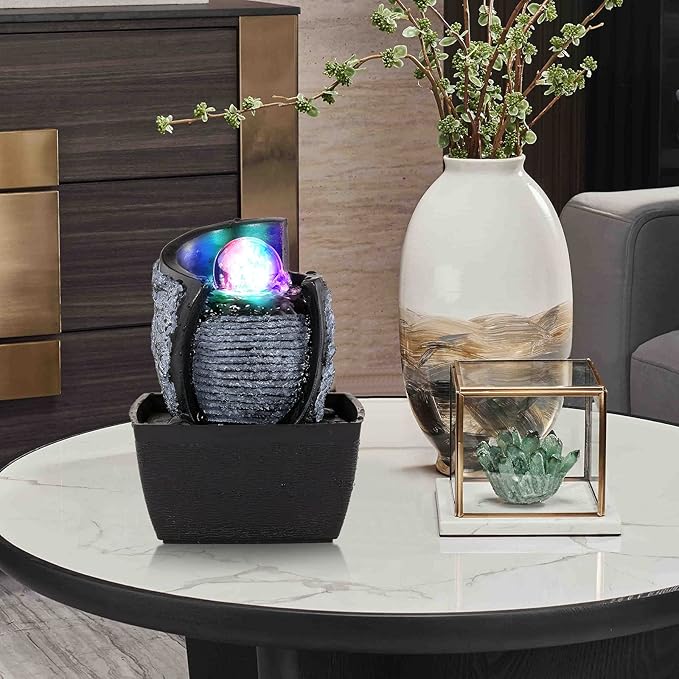 WICHEMI Indoor Fountain Tabletop Fountain Mini Waterfall Fountains Relaxation Water Feature Feng Shui Zen Meditation Desktop Fountain with Rolling Ball for Home Office Indoor Spaces Decor (Style 3)