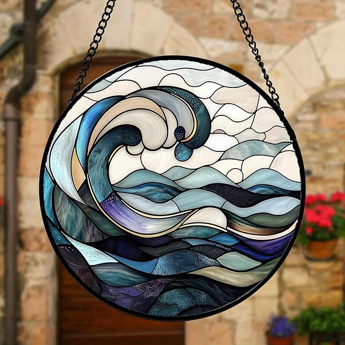Stained Glass Window Hanging, Ocean Waves Sun Catchers Diamond Glass Panel Hangings Abstract Suncatcher Decor for Birthday for Women, Men, Wife, Aunt, and Mom 11.8x11.8 in