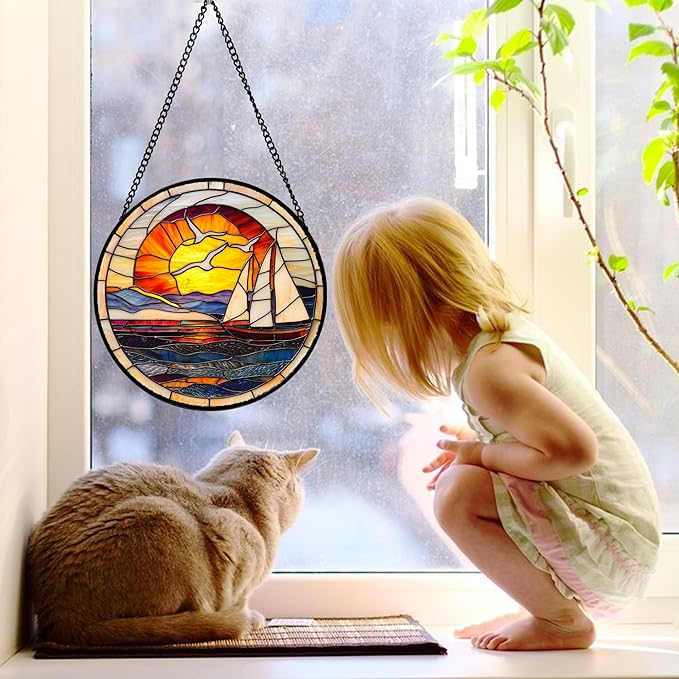 Stained Glass Window Hanging, Sun Ocean Sailboat Seagull Abstract Suncatcher Diamond Glass Panel Sun Catchers Decor for Birthday for Women, Men, Wife, Aunt, and Mom 11.8x11.8 in