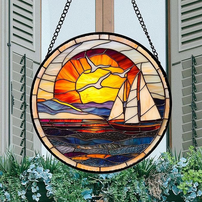 Stained Glass Window Hanging, Sun Ocean Sailboat Seagull Abstract Suncatcher Diamond Glass Panel Sun Catchers Decor for Birthday for Women, Men, Wife, Aunt, and Mom 14.9x14.9 in