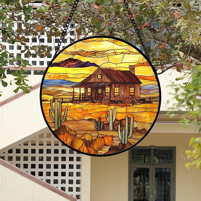 Stained Glass Window Hanging 4 Pcs Set Desert Sunset Theme Landscape 9.8" - Suncatcher Door Garden Sun Catcher Decor Birthday Christmas for Mom Woman Nana Men
