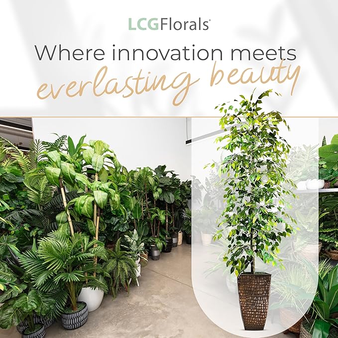 Artificial Ficus Tree in Copper Metal Pot - Real Wood Trunk, Preassembled, No Maintenance Indoor Faux Plant - Living Room, Home & Office Decor (8ft Tall)