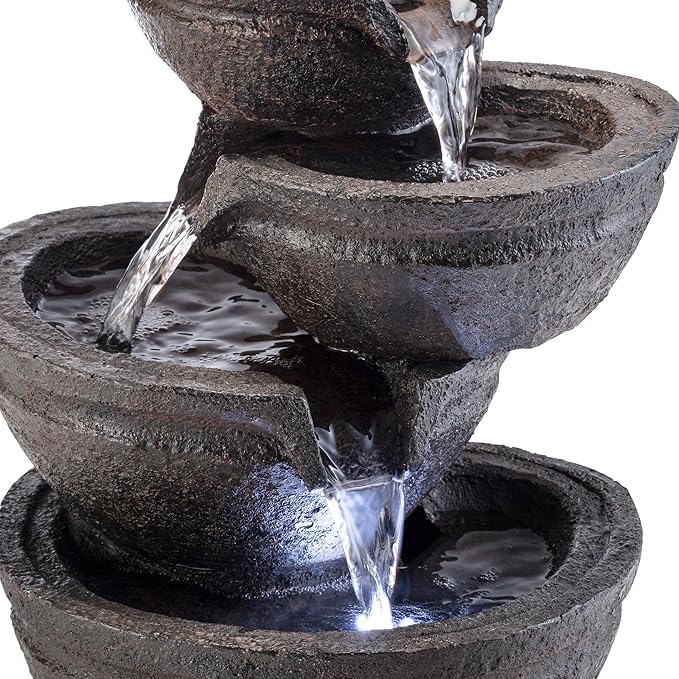 Alpine Corporation WIN1138 13" Indoor Tabletop Tiering Bowls Water Fountain with LED Lights – Cascading Water Feature for Home, Office, Meditation, and Relaxation, Dark Gray