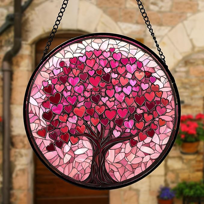Stained Glass Window Hanging - DASTOLL, Birthday Gifts for Women Men Mom Dad, Pink Love Tree Suncatcher for Doors Window Home Sun Catchers Decor 7.8 in