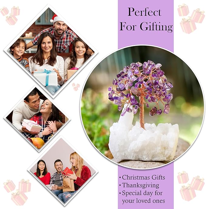 Amethyst Crystal Tree of Life with White Aura Base โ Gemstone Tree for Shelf & Home Bedroom Decor โ Crystals and Healing Stones, Cute Purple Birthday Gifts & Housewarming Gifts for Women Mom Sister