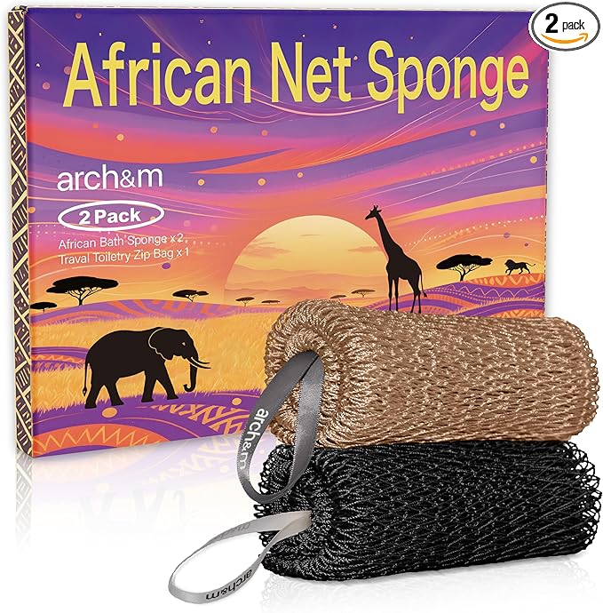 Authentic African Net Sponge Knots - Real African Bath Loofah Shower Sponges Afro Scrubber Body Exfoliating Washcloth Africa Bath Sponges for Back Scrub Shower Accessories Black + Champagne by ARCH&M