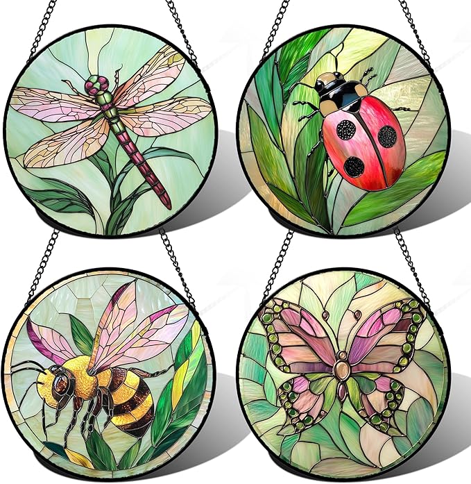 Stained Glass Window Hanging 4 Pcs Set Pink Green Insect Theme Large 15" - Butterfly Suncatcher Door Garden Sun Catcher Decor Birthday Christmas for Mom Woman Nana Men