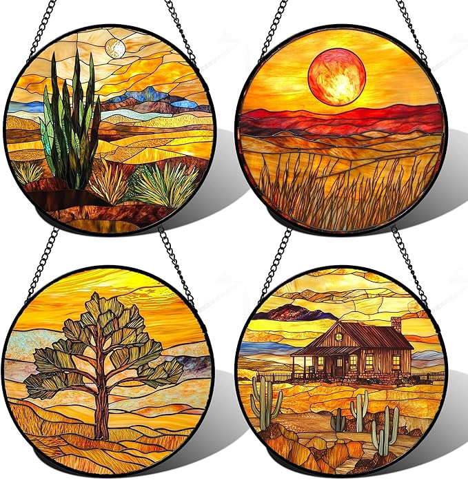 Stained Glass Window Hanging 4 Pcs Set Desert Sunset Theme Landscape 9.8" - Suncatcher Door Garden Sun Catcher Decor Birthday Christmas for Mom Woman Nana Men