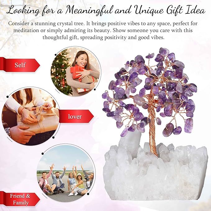Amethyst Crystal Tree of Life with White Aura Base โ Gemstone Tree for Shelf & Home Bedroom Decor โ Crystals and Healing Stones, Cute Purple Birthday Gifts & Housewarming Gifts for Women Mom Sister