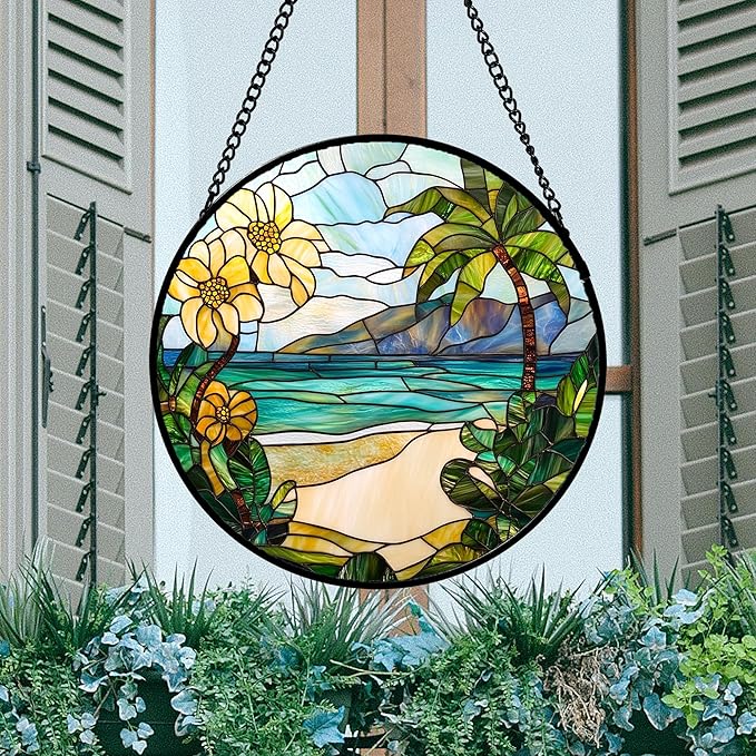 Stained Glass Window Hanging 4 Pcs Set Blue Ocean Coconut Tree Scenery Large 11.8" - Suncatcher Door Garden Sun Catcher Decor Birthday Christmas for Mom Woman Nana Men