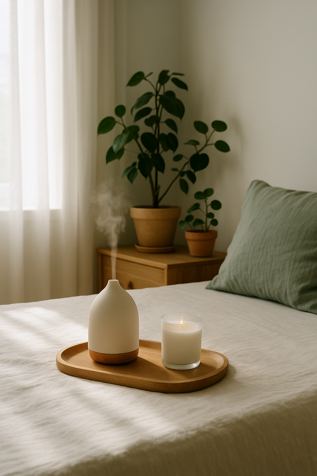 A serene minimalist bedroom with natural morning sunlight, indoor plants, a wooden tray with an aroma diffuser and candle, soft neutral bedding for a calming atmosphere