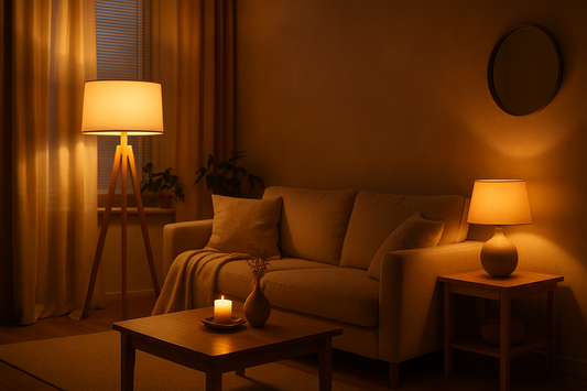“Warm ambient lighting in a minimalist living room with soft beige sofa, wooden furniture, candlelight, and gentle evening glow — Serenlix calm interior mood.”