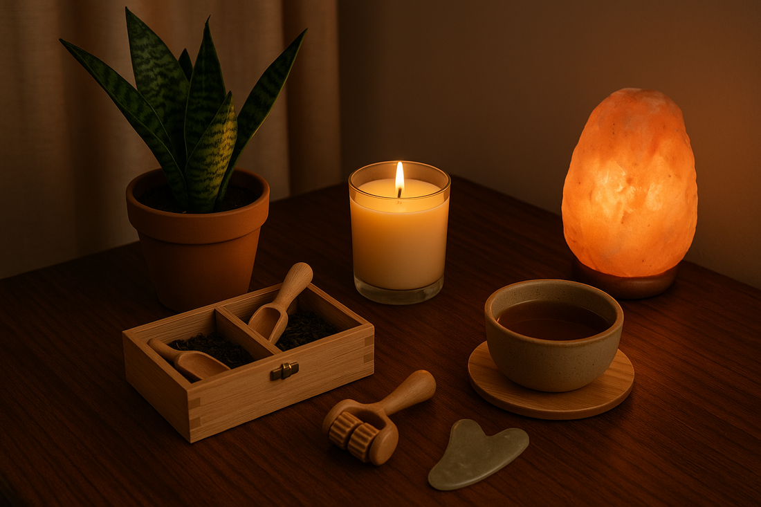 “Calming setup with a plant, candle, salt lamp, tea box, massage tools, and warm tea on a wooden table.”