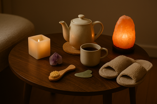 “Cozy evening setup with a candle, amethyst crystal, salt lamp, tea set, slippers, and self-care tools on a wooden table.”