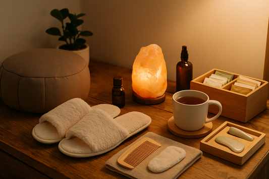 “Cozy relaxation setup with a meditation cushion, salt lamp, slippers, tea, aromatherapy bottles, and self-care tools on a wooden table.”