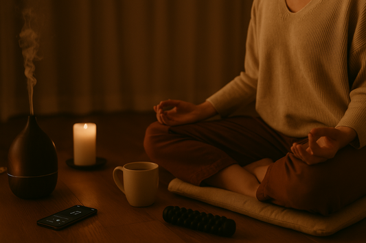 “Warm evening meditation setup with a woman sitting cross-legged on a cushion, surrounded by a diffuser, candle, and calming objects in soft ambient lighting.”