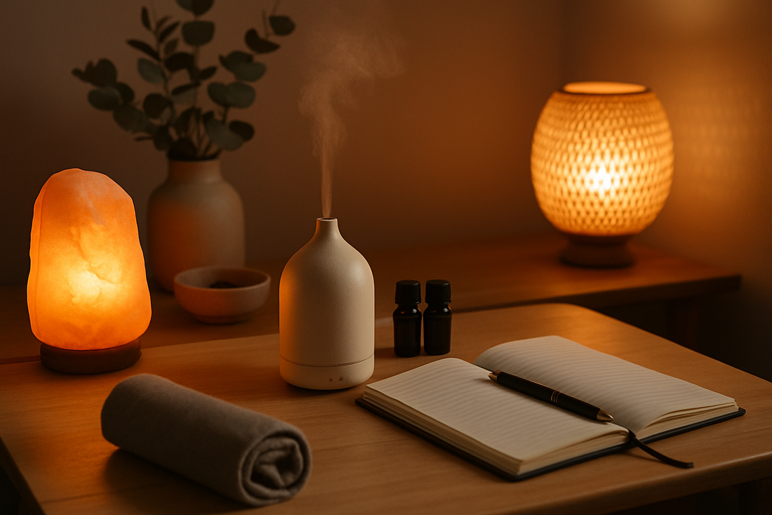 A calming evening mindfulness setup with warm lighting and aromatherapy elements inspired by Serenlix.