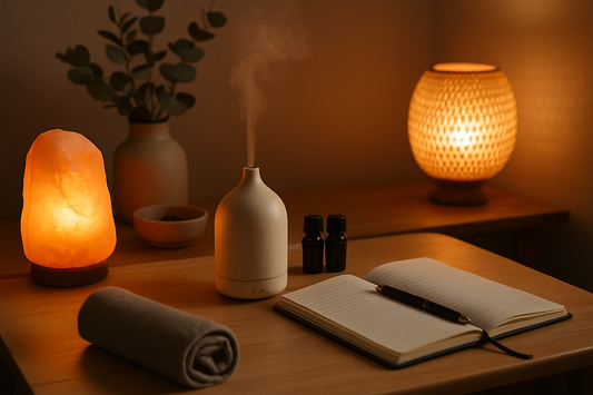 A calming evening mindfulness setup with warm lighting and aromatherapy elements inspired by Serenlix.