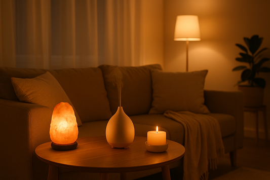Cozy evening scene with warm ambient lighting, aroma diffuser and candles on a wooden surface, neutral calming tones creating a peaceful nighttime atmosphere — Serenlix.
