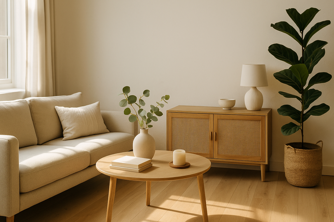 “Minimalist living space with soft natural light, neutral tones, wooden furniture, and indoor plants — Serenlix Wellness Décor & Accessories.”