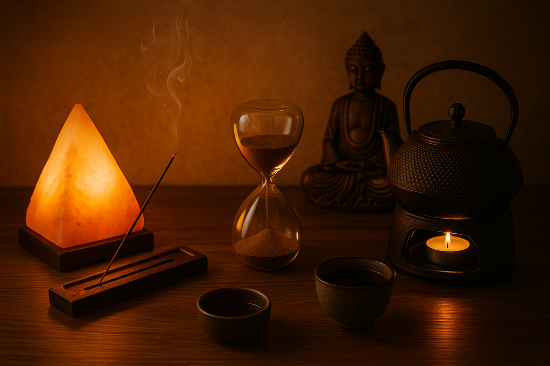 “A warm mindfulness setup featuring a Himalayan salt lamp, burning incense, an hourglass, a Buddha statue, and a cast iron teapot warmer arranged on a wooden surface in soft ambient lighting.”