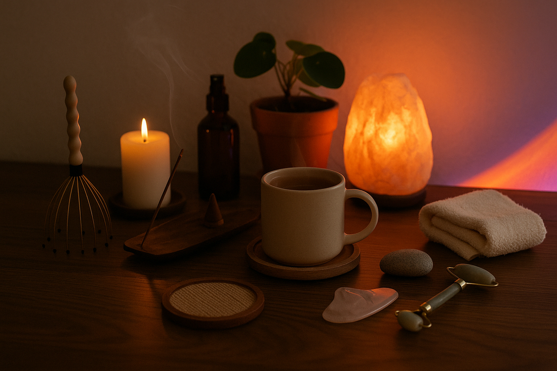 “Mindfulness setup with a salt lamp, candle, incense, tea cup, scalp massager, gua sha tools, and soft lighting.”