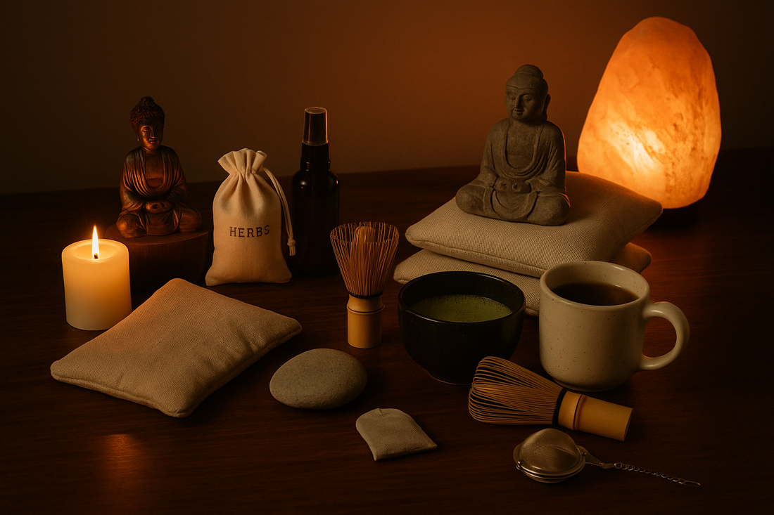 “A warm mindfulness arrangement featuring Buddha figurines, a Himalayan salt lamp, microwavable heat pads, matcha bowl and whisks, herbal sachets, a candle, tea cup, and a smooth stone displayed on a dark wooden surface with soft ambient lighting.”