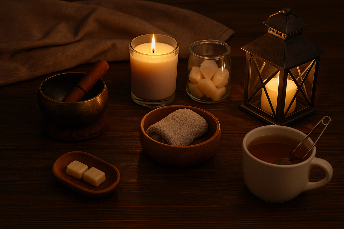 “A calming nighttime relaxation setup featuring a singing bowl, lit candle, wax melts, lantern candle, rolled towel, and a warm cup of tea arranged on a dark wooden surface with soft, peaceful lighting.”
