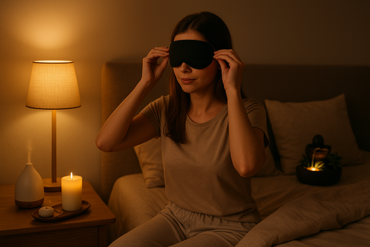 Woman preparing for bed by adjusting a soft sleep mask in a dim, cozy bedroom with a lit candle and diffuser creating a calming nighttime atmosphere.
