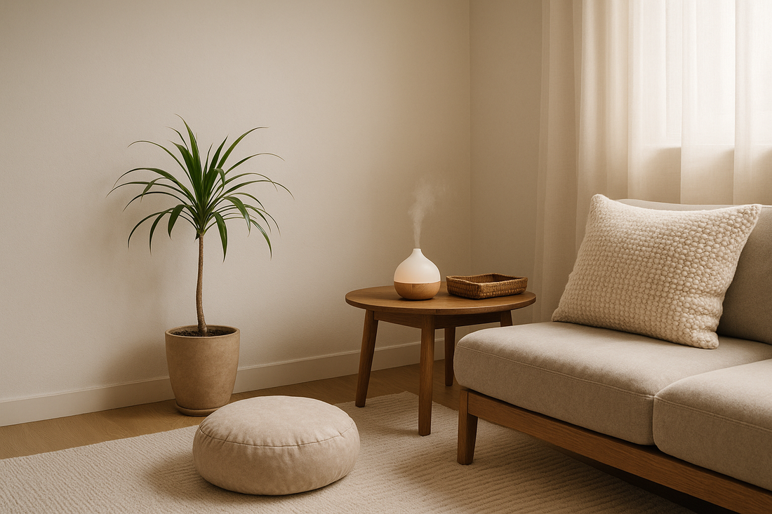 Minimalist calming corner with soft natural light, indoor plant, aroma diffuser emitting mist on a wooden table, cozy textures and neutral tones — Serenlix peaceful home design.