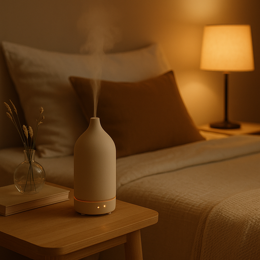Serene minimalist bedroom with soft warm lighting, aroma diffuser on a wooden tray, neutral colors and plants creating a calming sleep environment — Serenlix.