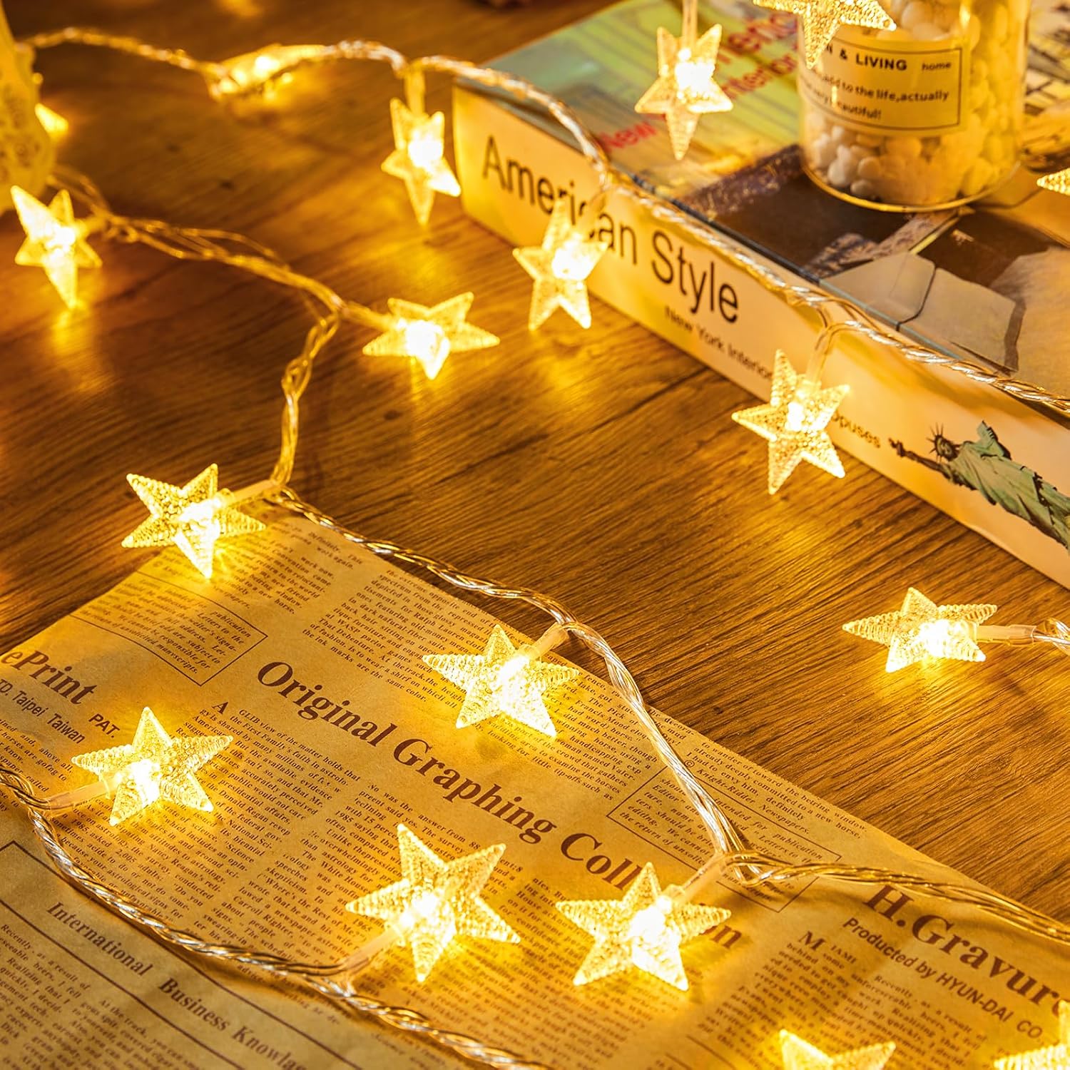 Warm string lights and fairy lights creating a soft, cozy glow in a peaceful wellness space