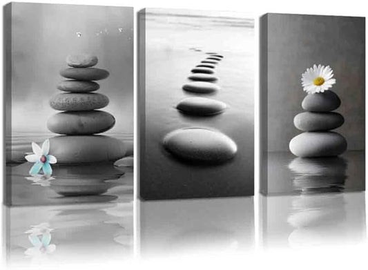 CCWORKERRY 3PCS Zen Stones Canvas Wall Art Black and White Zen Stone Painting Calming Meditation Wall Decor for Yoga Studio Office Spa Bathroom (gray,16W x24L x3)