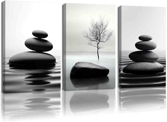 CCWORKERRY 3PCS Zen Stones Canvas Wall Art Black and White Zen Stone Painting Calming Meditation Wall Decor for Yoga Studio Office Spa Bathroom (white,11W x14L x3)
