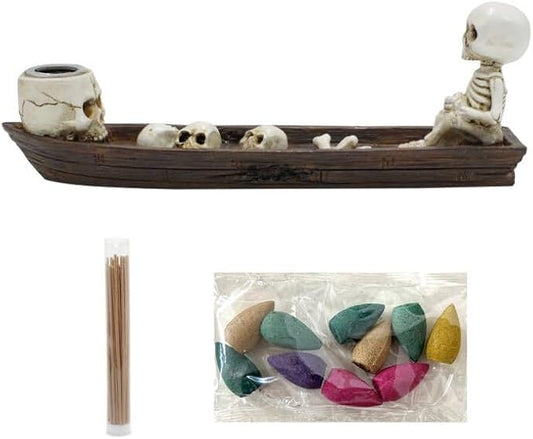Halloween Incense Burner, backflow Incense Burner,Skeleton Ship Incense Holder,Hand-Carved Decorations,Cool Room Decorations, Awesome and Ideal Gifts, Brown (1pack, 8.5inch)