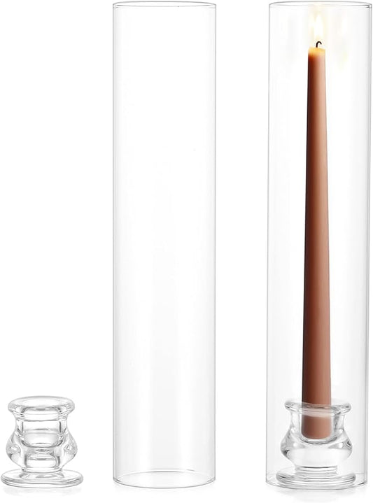 NUPTIO Taper Candle Holders Glass: Set of 2 Clear Hurricane Candlestick Holder - Fluted Candles Stick Stand with Tall Windproof Cylinder Cover for Thanksgiving Christmas Decor