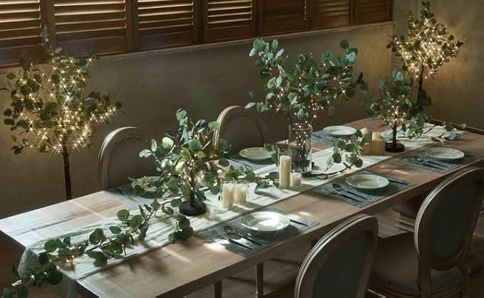 Hairui Lighted Artificial Eucalyptus Garland 6FT 96 LED Battery Operated Faux Vine Lights with Timer for Spring Wedding Backdrop Wall Decoration