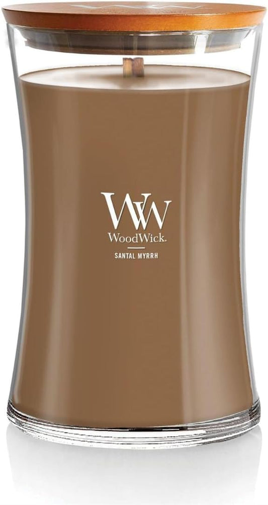 WoodWick Large Hourglass Candle Santal Myrrh - Premium Soy Blend Wax Pluswick Innovation Wood Wick Made in USA