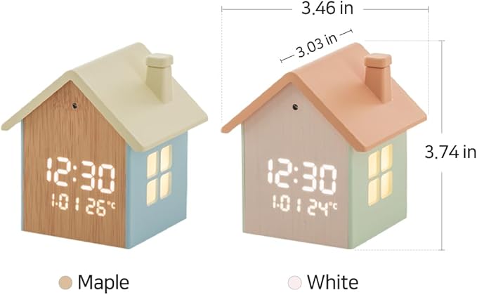 FLAITO Mood Home LED Table Clock – House-Shaped Night Light Alarm Clock with Auto-Dimming, Snooze, Date & Temperature Display – White & Maple Options, USB-C Cable Included (White)