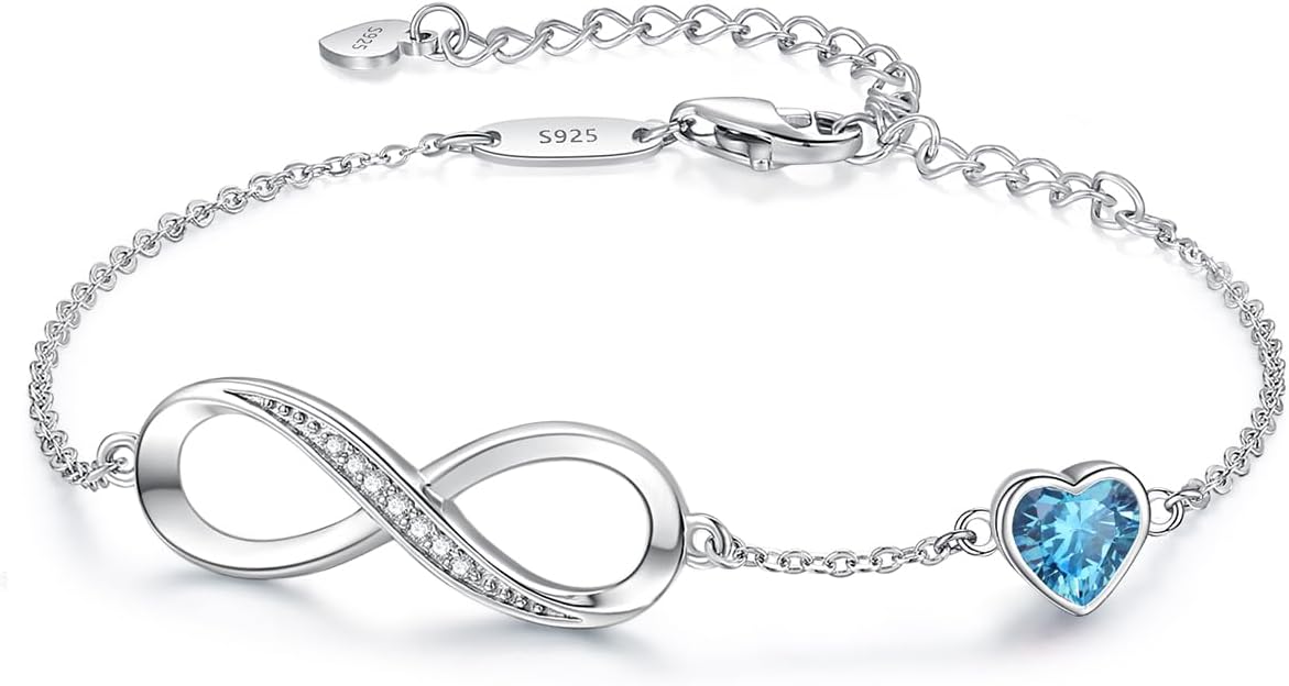 CDE Infinity Heart Birthstone Charm Link Bracelet for Women 925 Sterling Silver Adjustable Mother's Day Gift Anniversary Birthday Jewelry for Wife Girlfriend Her