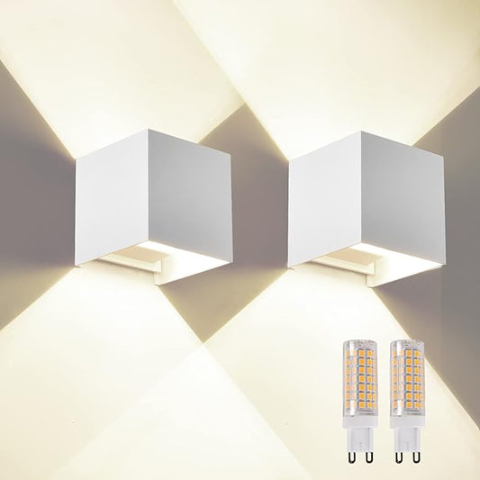 2 Pack Outdoor Wall Lights Exterior/Interior Wall Sconces Up and Down Lights IP65 Waterproof G9 Base Socket Modern Outdoor Lighting Square Aluminum White 4000K Natural Lights, Adjustable Light Angle