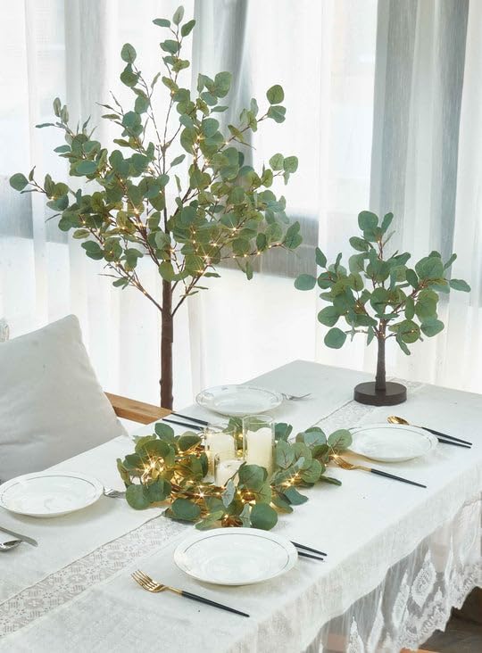 Hairui Lighted Artificial Eucalyptus Garland 6FT 96 LED Battery Operated Faux Vine Lights with Timer for Spring Wedding Backdrop Wall Decoration