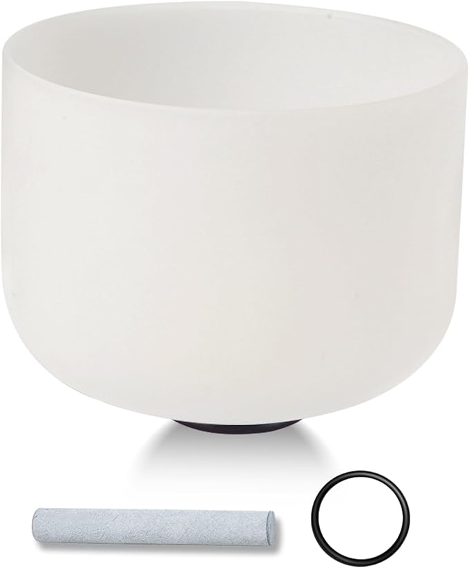 432HZ 9 Inchs Frosted Crystal Singing Bowl Set for Meditation Healing Yoga Chakra Quartz Crystal Sound Bowls with Heavy Duty Carry Case and Rubber Mallet,Suede Striker,O-rings