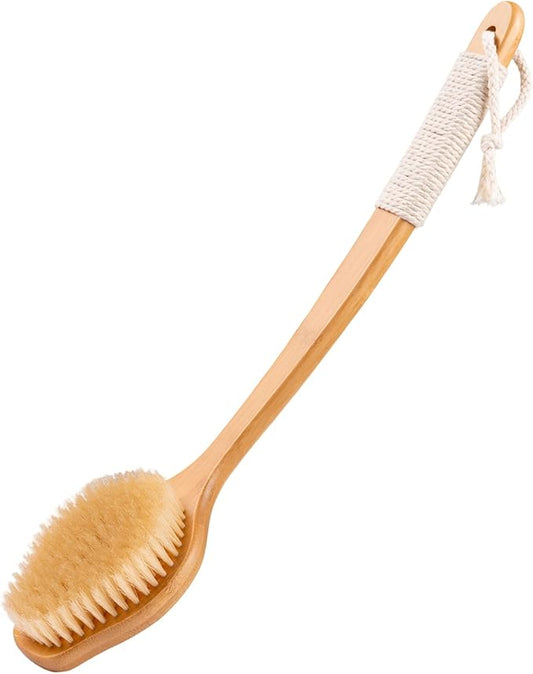 Bamboo Back Scrubber for Shower with Curved Long Handle - Stiff Natural Boar Bristles for Men and Women, Deep Cleansing and Exfoliating, Anti-Slip Grip for Wet or Dry Brushing
