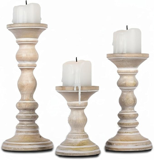 Mela Artisans Wooden Pillar Candle Holders | Willow Design | Set of 3 Mango Wood Candlesticks | Whitewash | Sizes 6" & 9" &12" | Table Decor | Centerpiece | Mantel | Wedding | Living Room Decor