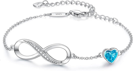 CDE Infinity Heart Birthstone Charm Link Bracelet for Women 925 Sterling Silver Adjustable Mother's Day Gift Anniversary Birthday Jewelry for Wife Girlfriend Her