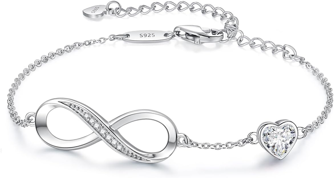 CDE Infinity Heart Birthstone Charm Link Bracelet for Women 925 Sterling Silver Adjustable Mother's Day Gift Anniversary Birthday Jewelry for Wife Girlfriend Her