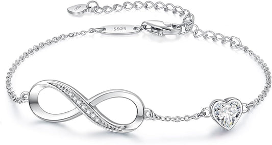 CDE Infinity Heart Birthstone Charm Link Bracelet for Women 925 Sterling Silver Adjustable Mother's Day Gift Anniversary Birthday Jewelry for Wife Girlfriend Her