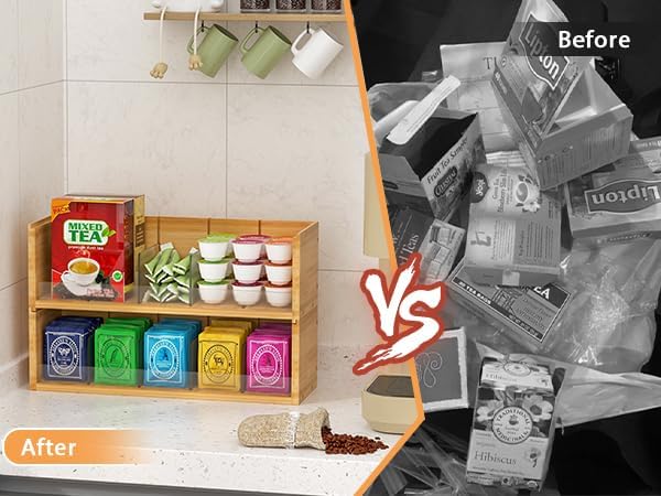 X-cosrack Bamboo Tea Bag Organizer Storage Box, 2-Tier Stackable Tea Box for Countertop, Wall Mount Tea Bag Holder, Tea Storage Chest Natural Wood for Office Kitchen Cabinet Pantry